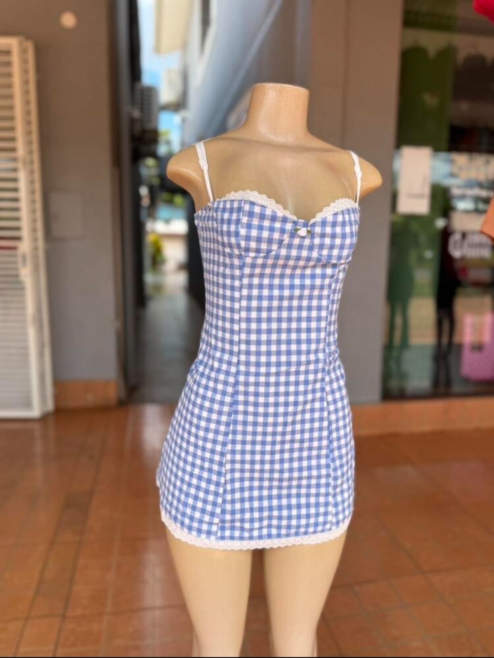 Blue Gingham Lace Trim Mini Dress - Picture 3 of 3